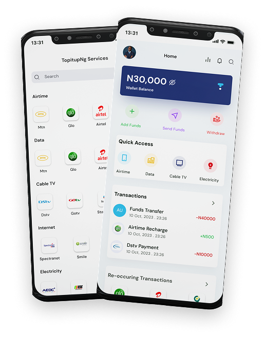 Two phones side by side with the topitup dashboard on their screens